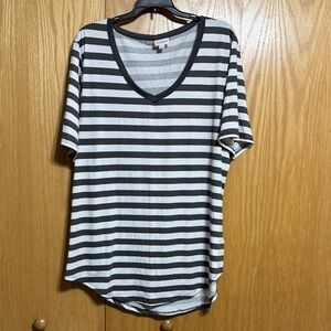 LuLaRoe Gray and White Striped V-Neck Tee